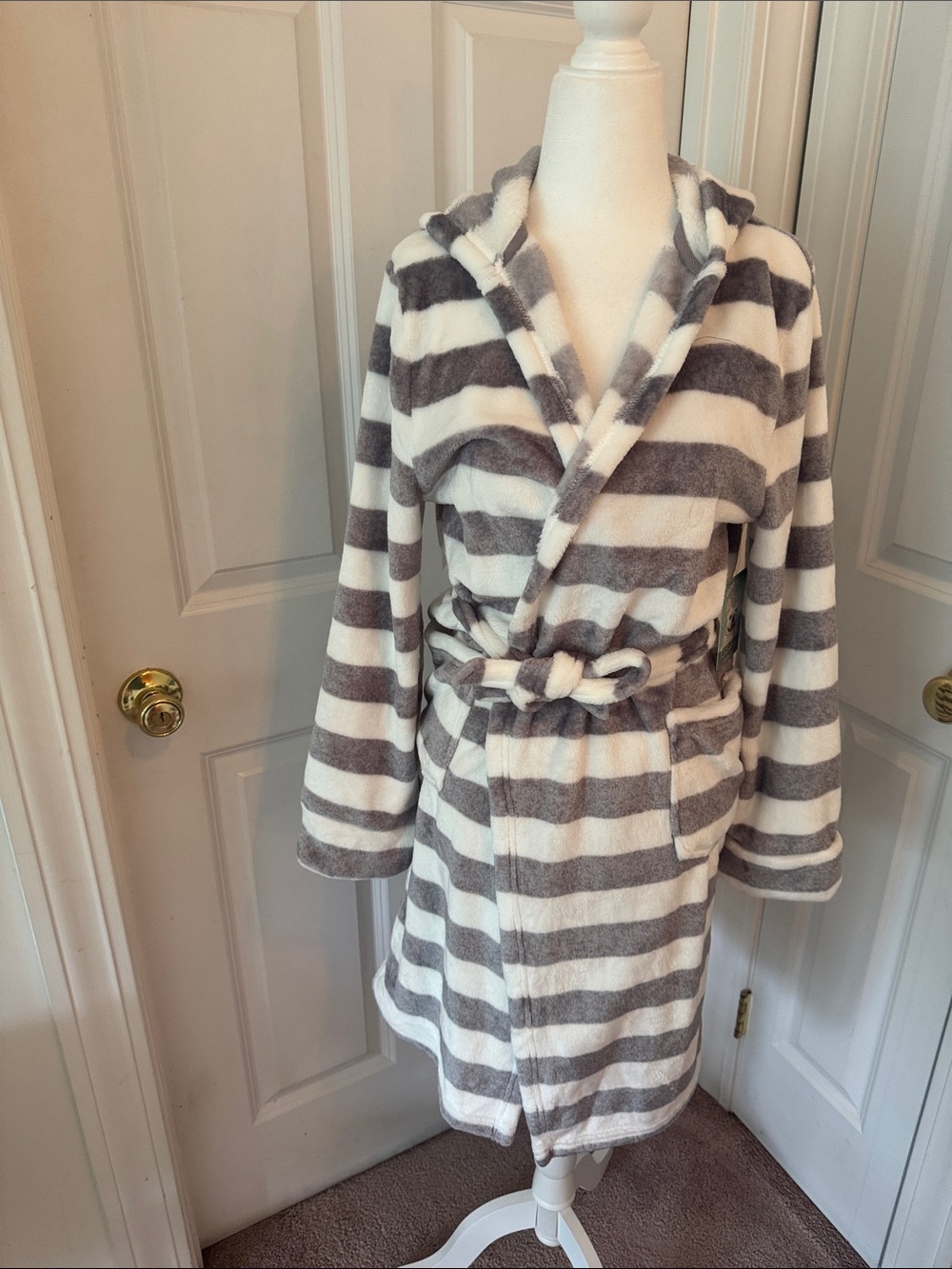 Children's Plush Hooded Robe in Gray & White Stripes
